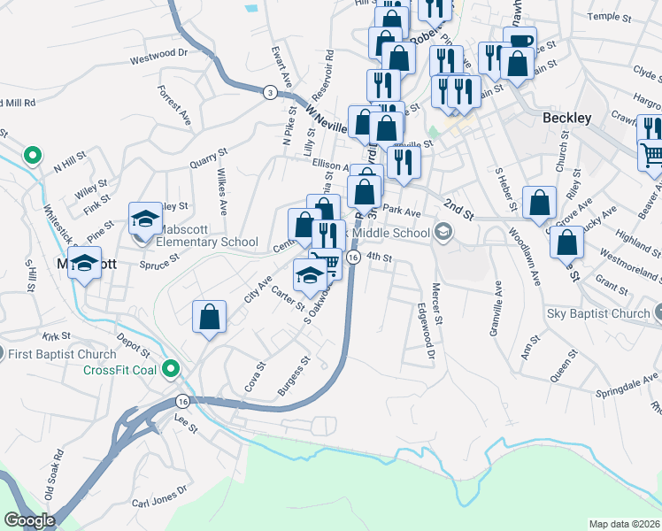 map of restaurants, bars, coffee shops, grocery stores, and more near 100-116 W 4th St in Beckley