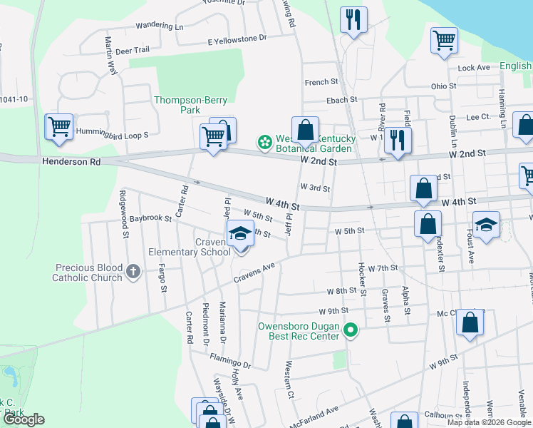map of restaurants, bars, coffee shops, grocery stores, and more near 2716 West 4th Street in Owensboro