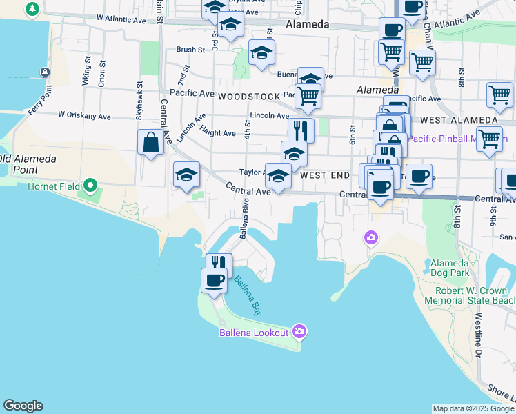 map of restaurants, bars, coffee shops, grocery stores, and more near 404 Central Avenue in Alameda