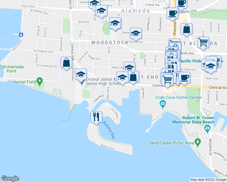 map of restaurants, bars, coffee shops, grocery stores, and more near 434 Central Avenue in Alameda