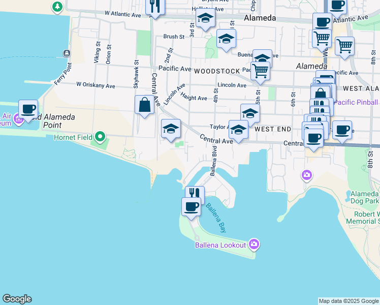 map of restaurants, bars, coffee shops, grocery stores, and more near 1370 3rd Street in Alameda