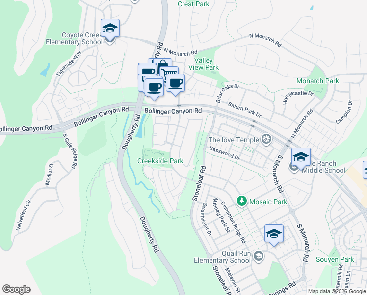 map of restaurants, bars, coffee shops, grocery stores, and more near 3042 Cedarwood Loop in San Ramon