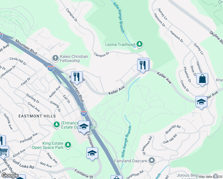 map of restaurants, bars, coffee shops, grocery stores, and more near 430 Canyon Oaks Drive in Oakland