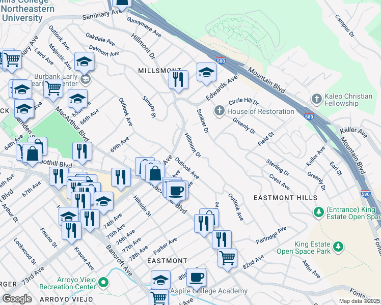 map of restaurants, bars, coffee shops, grocery stores, and more near 3048 73rd Avenue in Oakland