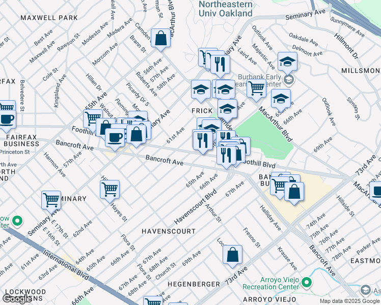 map of restaurants, bars, coffee shops, grocery stores, and more near 2855 62nd Avenue in Oakland