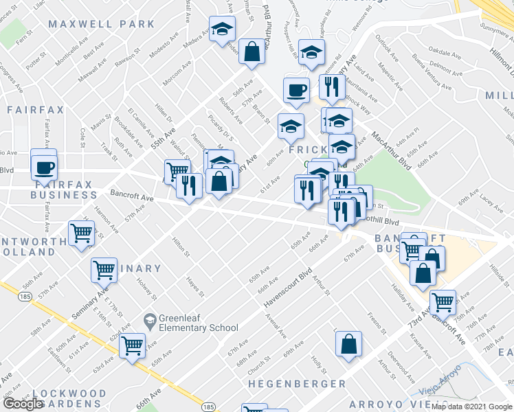 map of restaurants, bars, coffee shops, grocery stores, and more near 2732 61st Avenue in Oakland