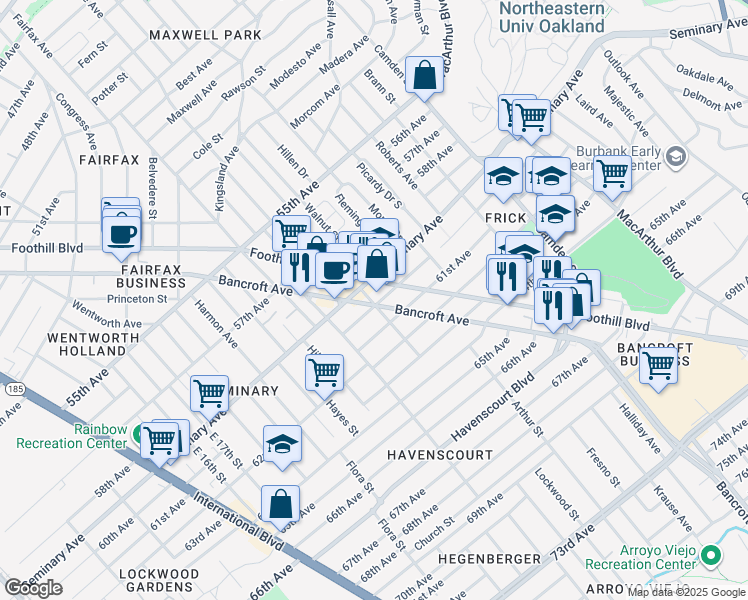 map of restaurants, bars, coffee shops, grocery stores, and more near 2607 Seminary Avenue in Oakland