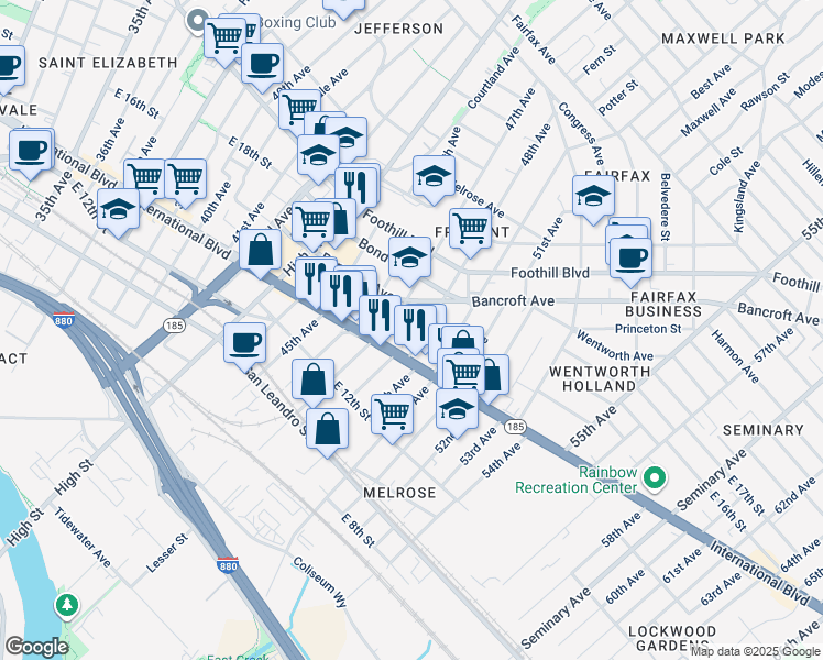 map of restaurants, bars, coffee shops, grocery stores, and more near 1622 Bancroft Way in Oakland