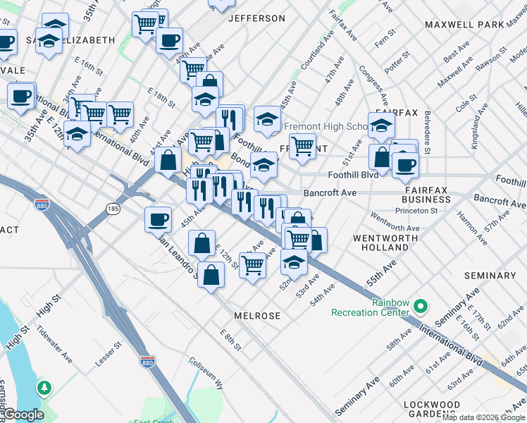 map of restaurants, bars, coffee shops, grocery stores, and more near 1622 Bancroft Way in Oakland
