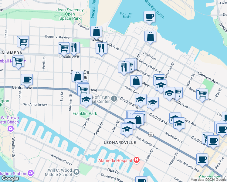 map of restaurants, bars, coffee shops, grocery stores, and more near 1612 Santa Clara Avenue in Alameda