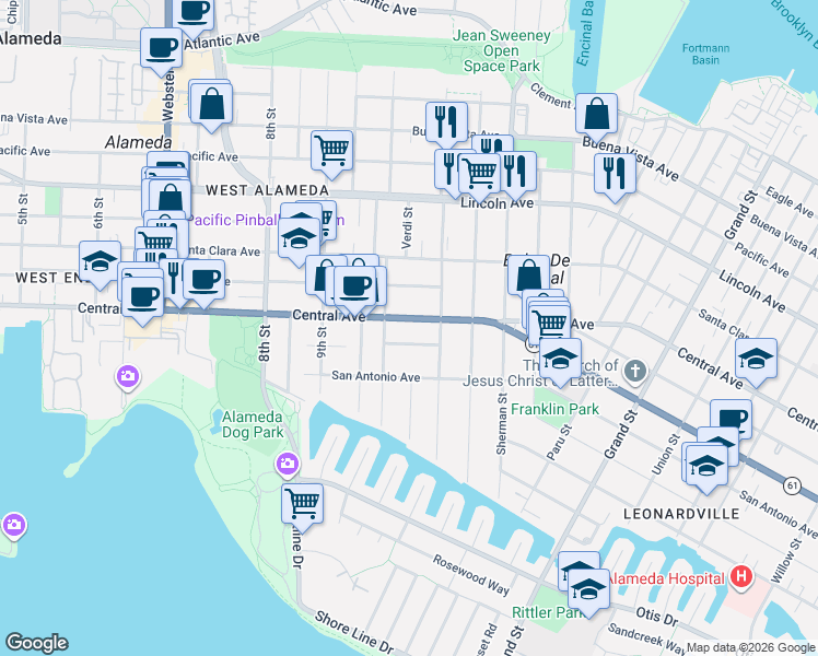 map of restaurants, bars, coffee shops, grocery stores, and more near 1035 Central Avenue in Alameda