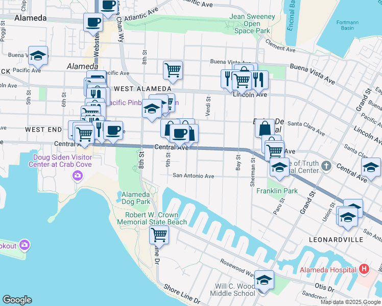 map of restaurants, bars, coffee shops, grocery stores, and more near 1001 Central Avenue in Alameda