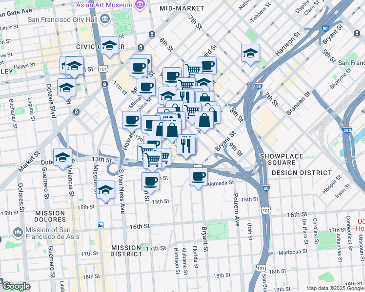 map of restaurants, bars, coffee shops, grocery stores, and more near 1420 Harrison Street in San Francisco
