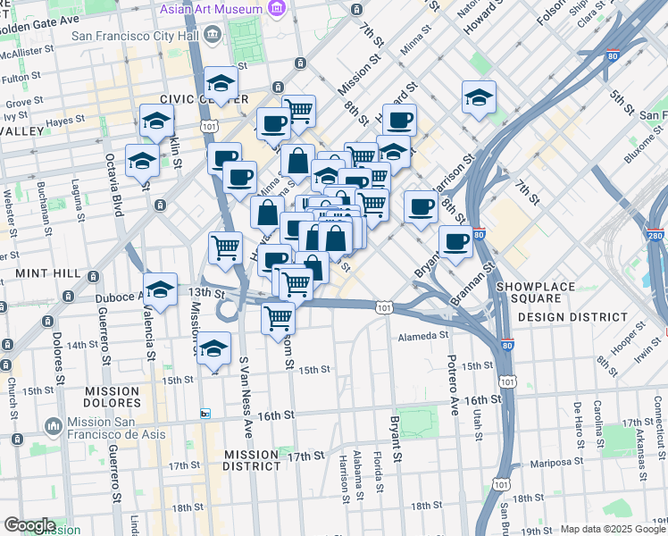 map of restaurants, bars, coffee shops, grocery stores, and more near 320 11th Street in San Francisco