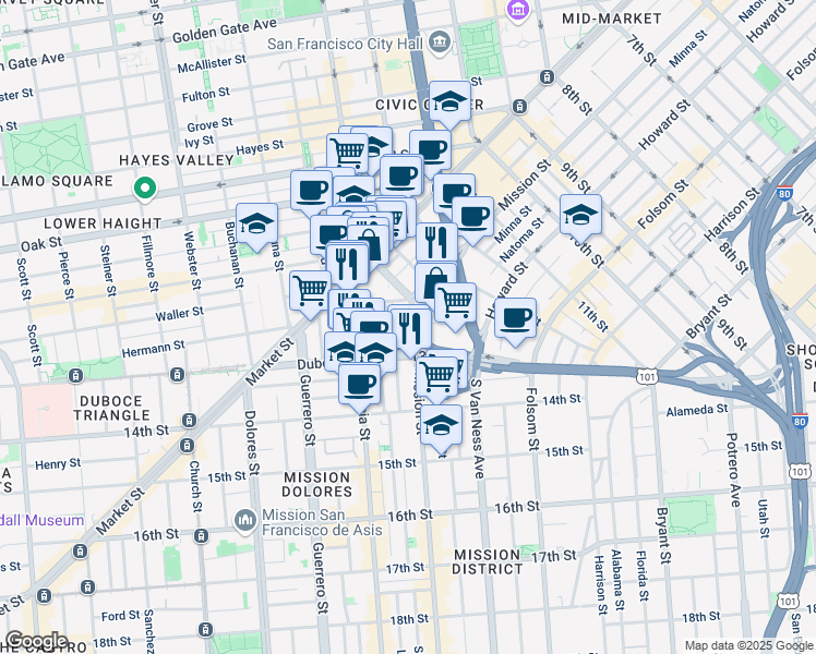 map of restaurants, bars, coffee shops, grocery stores, and more near in San Francisco