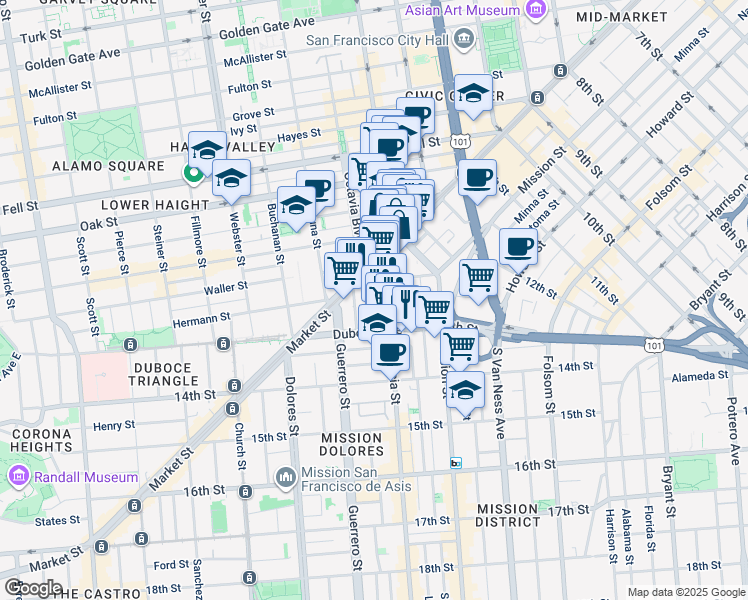 map of restaurants, bars, coffee shops, grocery stores, and more near in San Francisco