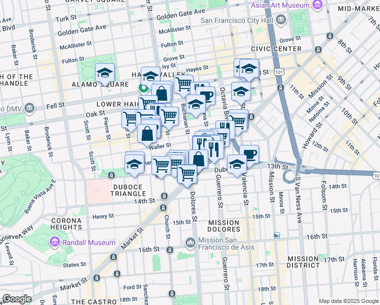 map of restaurants, bars, coffee shops, grocery stores, and more near 120 Buchanan Street in San Francisco