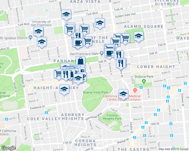 map of restaurants, bars, coffee shops, grocery stores, and more near 111 Lyon Street in San Francisco
