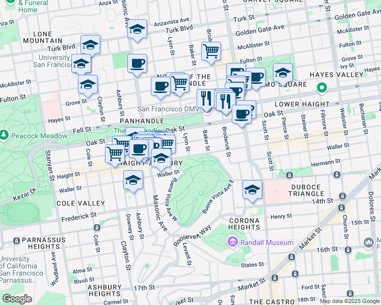 map of restaurants, bars, coffee shops, grocery stores, and more near 111 Lyon Street in San Francisco