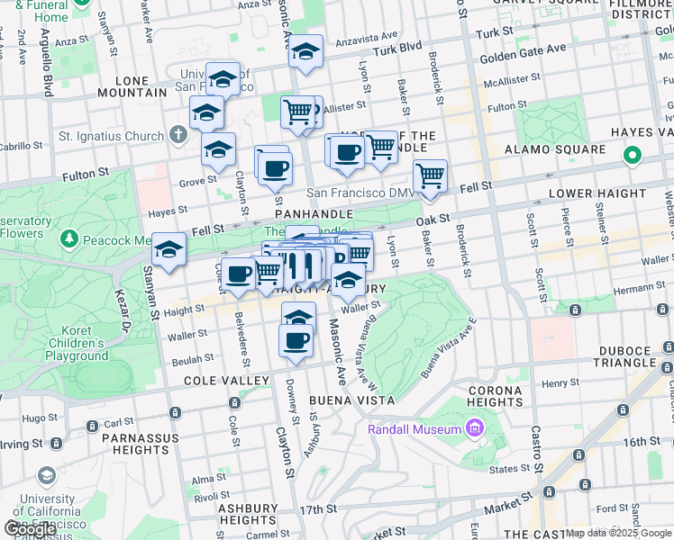 map of restaurants, bars, coffee shops, grocery stores, and more near 1466 Page Street in San Francisco