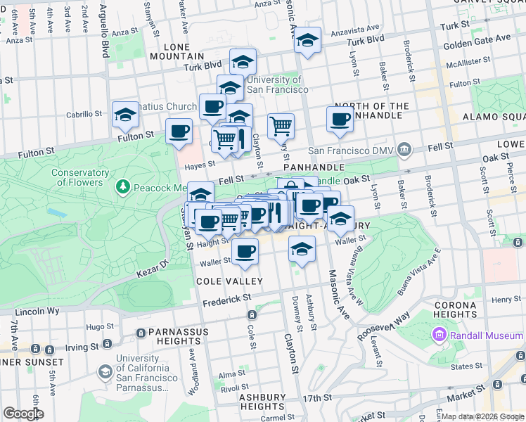 map of restaurants, bars, coffee shops, grocery stores, and more near 1817 Oak Street in San Francisco