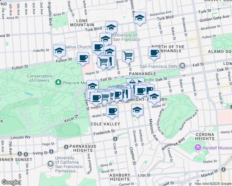 map of restaurants, bars, coffee shops, grocery stores, and more near 1817 Oak Street in San Francisco