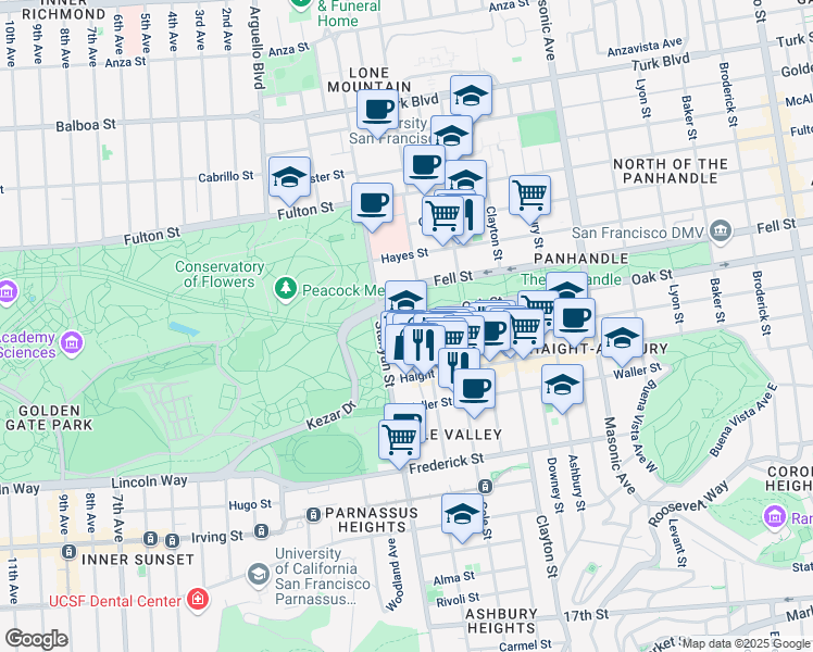 map of restaurants, bars, coffee shops, grocery stores, and more near 2011 Oak Street in San Francisco