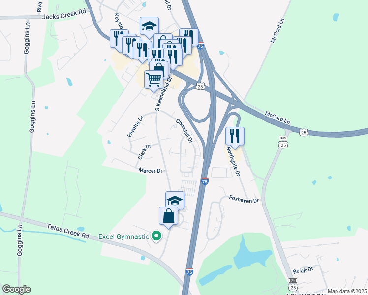 map of restaurants, bars, coffee shops, grocery stores, and more near 300 Churchill Drive in Richmond