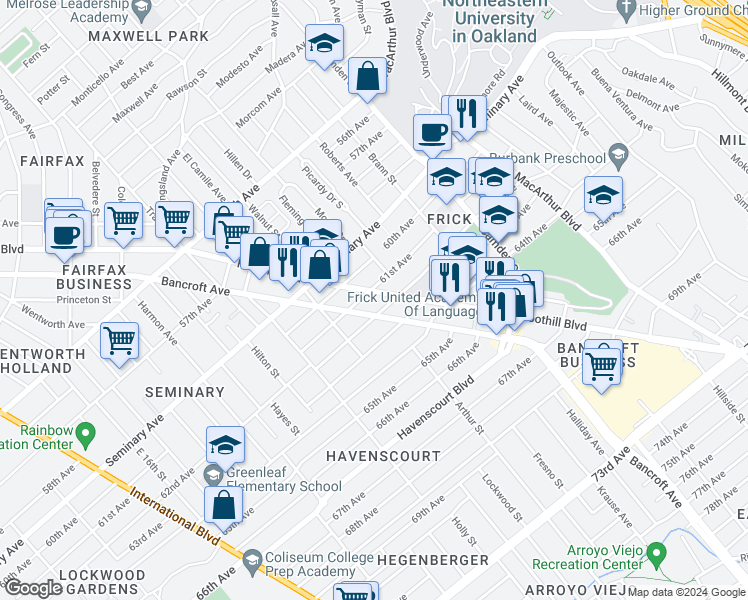 map of restaurants, bars, coffee shops, grocery stores, and more near 6115 Foothill Boulevard in Oakland