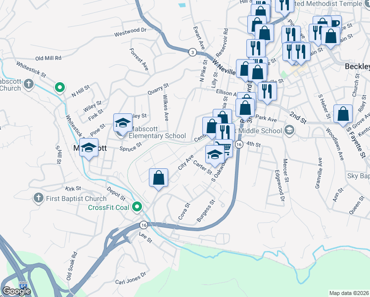 map of restaurants, bars, coffee shops, grocery stores, and more near 222-298 Central Ave in Beckley
