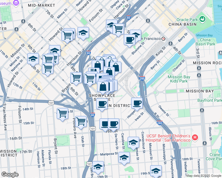 map of restaurants, bars, coffee shops, grocery stores, and more near 625 Townsend Street in San Francisco