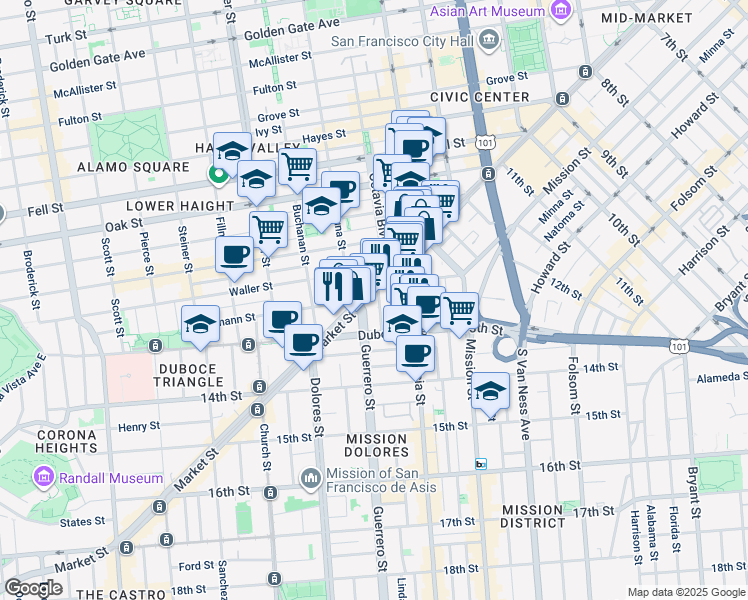 map of restaurants, bars, coffee shops, grocery stores, and more near 1874 Market Street in San Francisco