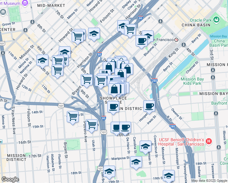 map of restaurants, bars, coffee shops, grocery stores, and more near 650 Townsend Street in San Francisco