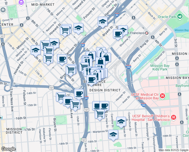 map of restaurants, bars, coffee shops, grocery stores, and more near 650 Townsend Street in San Francisco