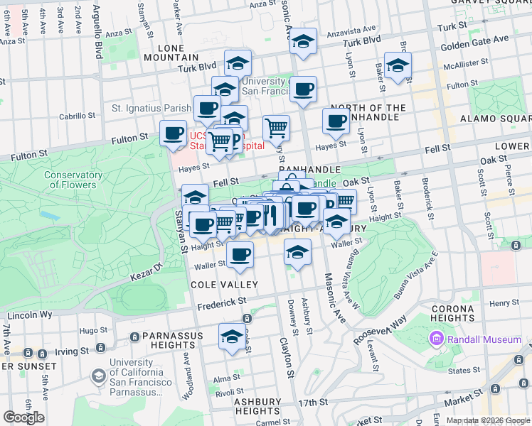map of restaurants, bars, coffee shops, grocery stores, and more near 1694 Page Street in San Francisco