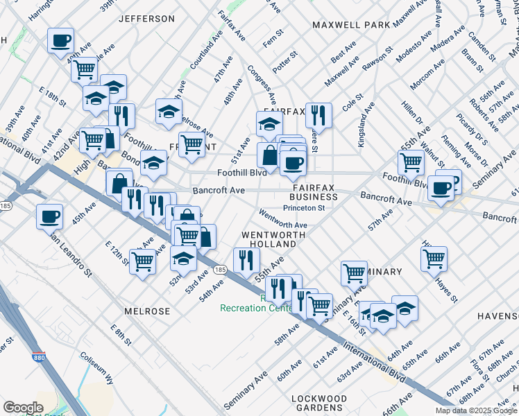 map of restaurants, bars, coffee shops, grocery stores, and more near 5301 Princeton Street in Oakland