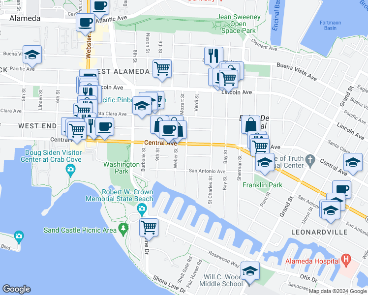 map of restaurants, bars, coffee shops, grocery stores, and more near 1347 Caroline Street in Alameda