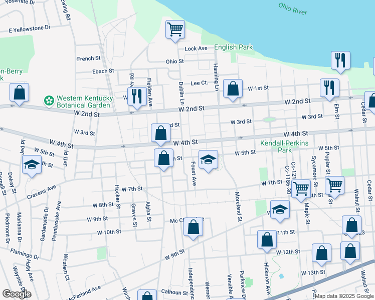 map of restaurants, bars, coffee shops, grocery stores, and more near 1800 West 4th Street in Owensboro