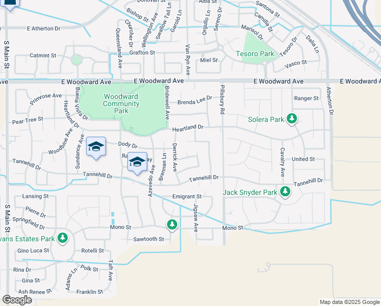 map of restaurants, bars, coffee shops, grocery stores, and more near 979 Snowberry Street in Manteca