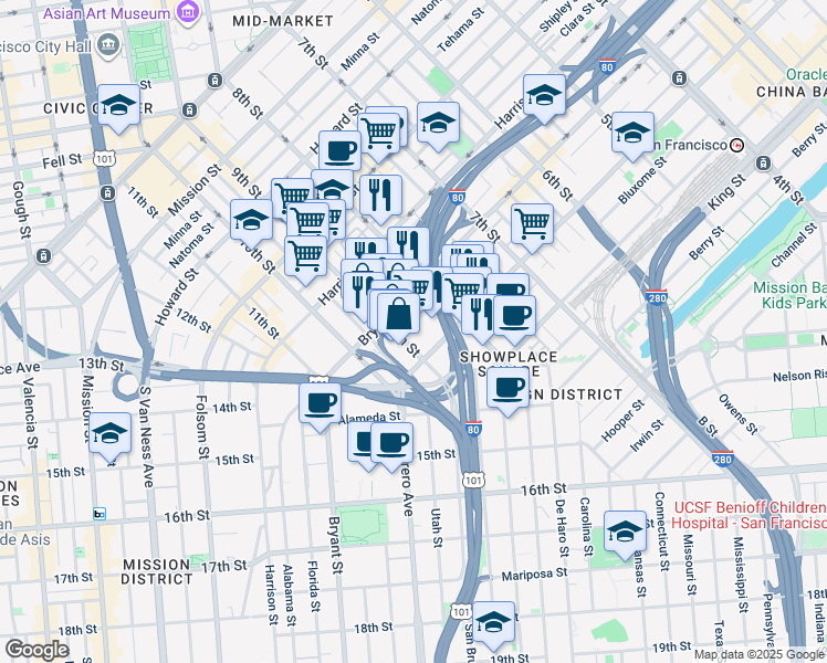 map of restaurants, bars, coffee shops, grocery stores, and more near 1011 Bryant Street in San Francisco