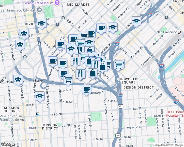 map of restaurants, bars, coffee shops, grocery stores, and more near 222 Dore Street in San Francisco