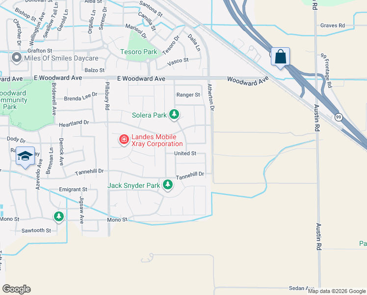map of restaurants, bars, coffee shops, grocery stores, and more near 2020 Gunner Place in Manteca