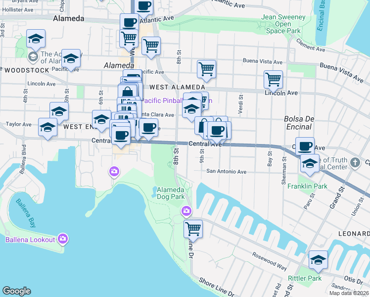 map of restaurants, bars, coffee shops, grocery stores, and more near 801 Central Avenue in Alameda