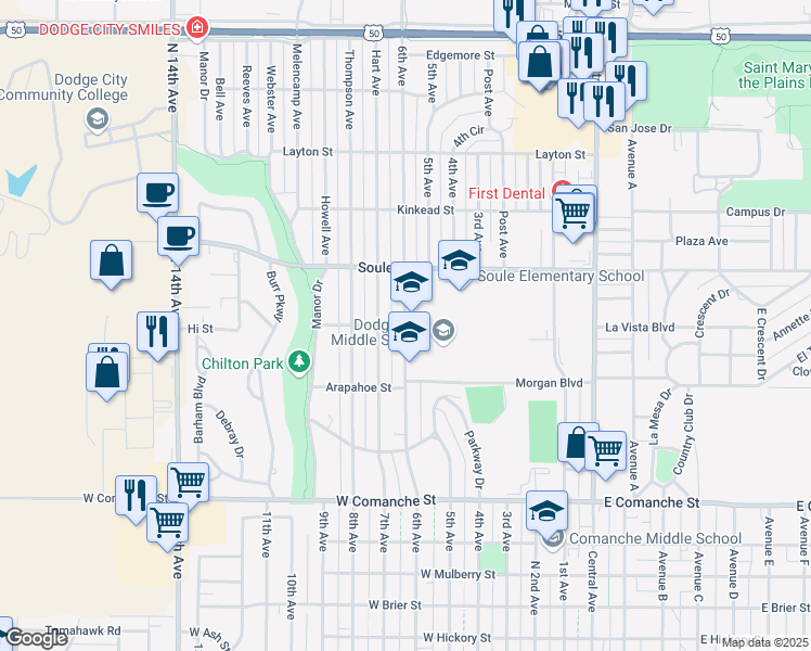 map of restaurants, bars, coffee shops, grocery stores, and more near 2100 6th Avenue in Dodge City