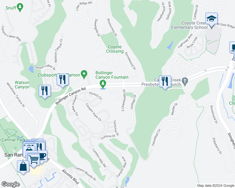 map of restaurants, bars, coffee shops, grocery stores, and more near 303 Chilense Court in San Ramon