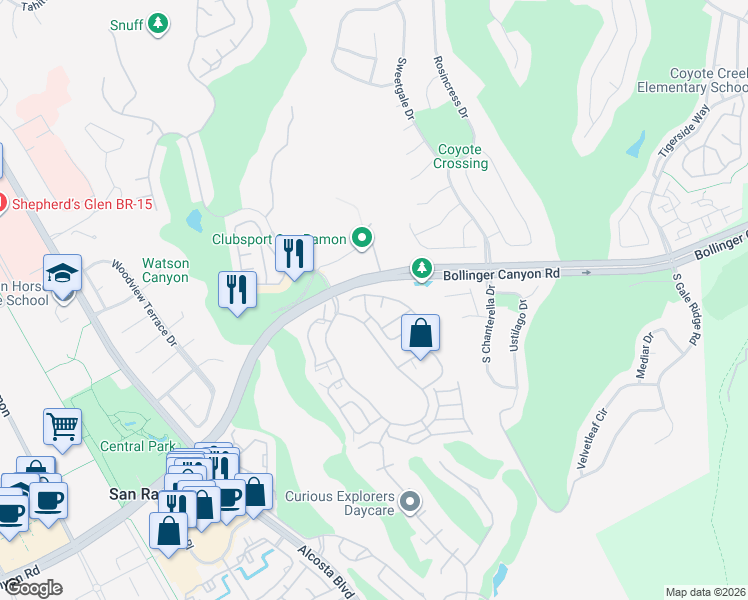 map of restaurants, bars, coffee shops, grocery stores, and more near 377 Eastridge Drive in San Ramon