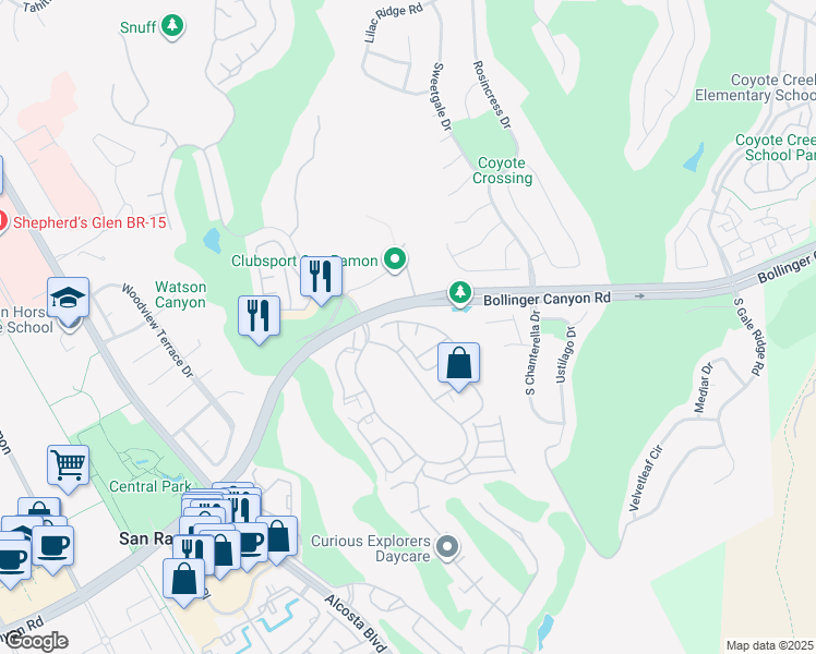 map of restaurants, bars, coffee shops, grocery stores, and more near 221 Victory Circle in San Ramon