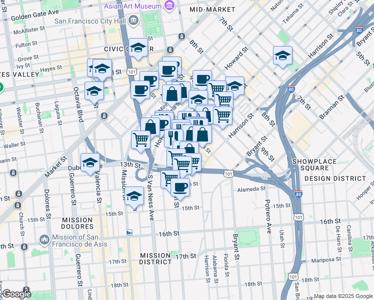 map of restaurants, bars, coffee shops, grocery stores, and more near 1560 Folsom Street in San Francisco