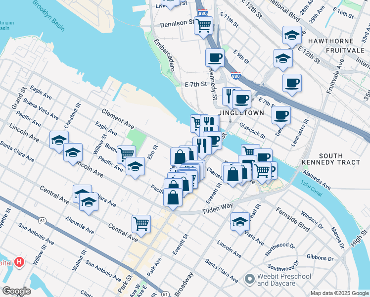 map of restaurants, bars, coffee shops, grocery stores, and more near 2301 Blanding Avenue in Alameda