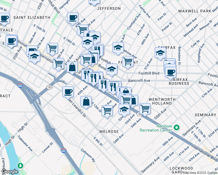 map of restaurants, bars, coffee shops, grocery stores, and more near 1622 Bancroft Way in Oakland
